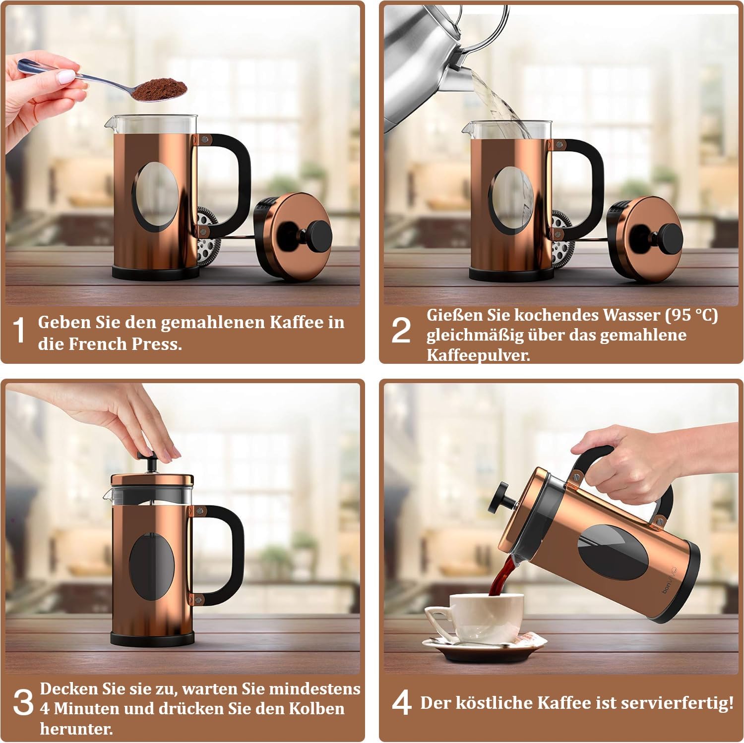 bonVIVO French Press 1L Kupfer-Optik – Kaffeepresse 8 Tassen 6