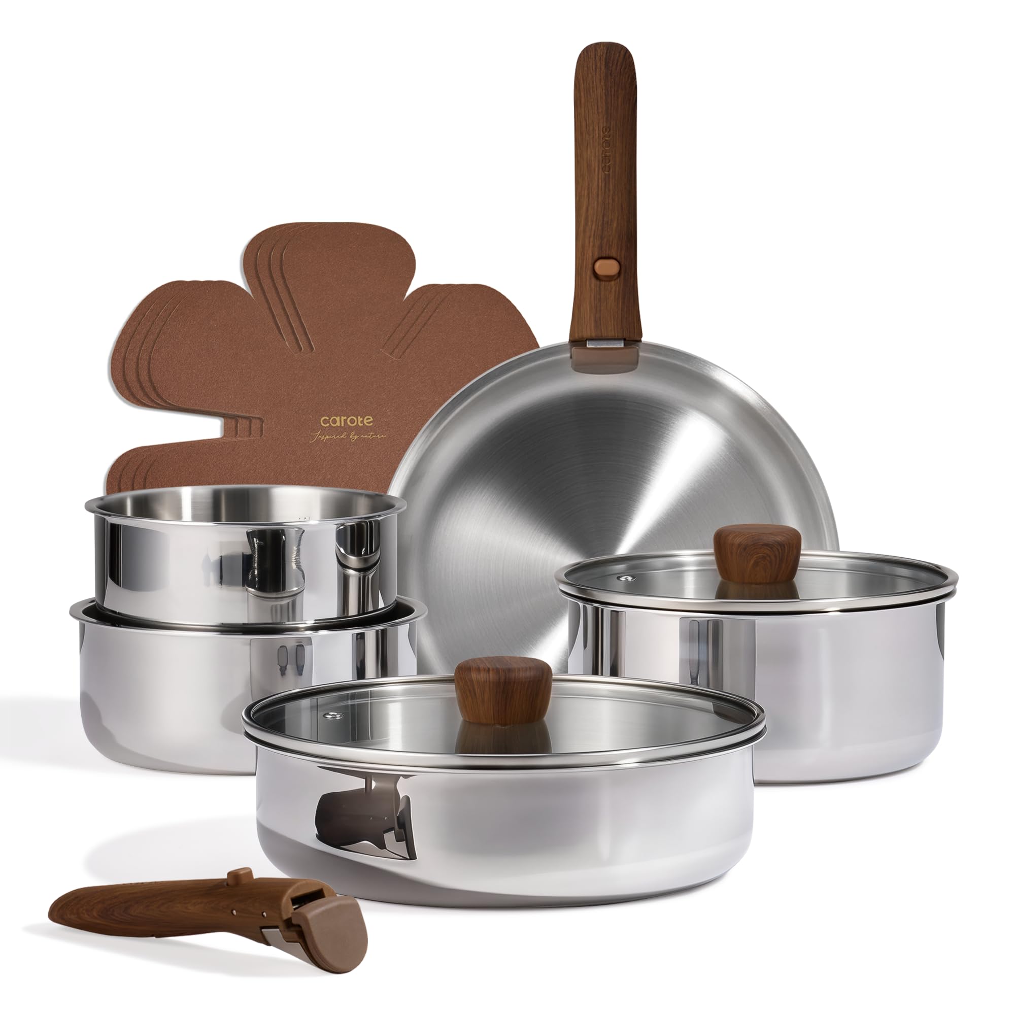 Photo 1 of CAROTE 13pcs Tri-Ply Stainless Steel Cookware Set with Detachable Handle, Pots and Pans Set, Induction Kitchen Cooking Sets, RV/Camping Cookware, Oven Safe, Woodgrain Style