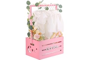 ANGELA&ALEX Wooden Baby Shower Crate Closet, Baby Shower Basket with Handle & Rack Hangers & Garland & Letter Cards Wooden Crate for Baby Shower Gifts Toy Storage Box Welcome Newborn Parents Party (Pink Color)