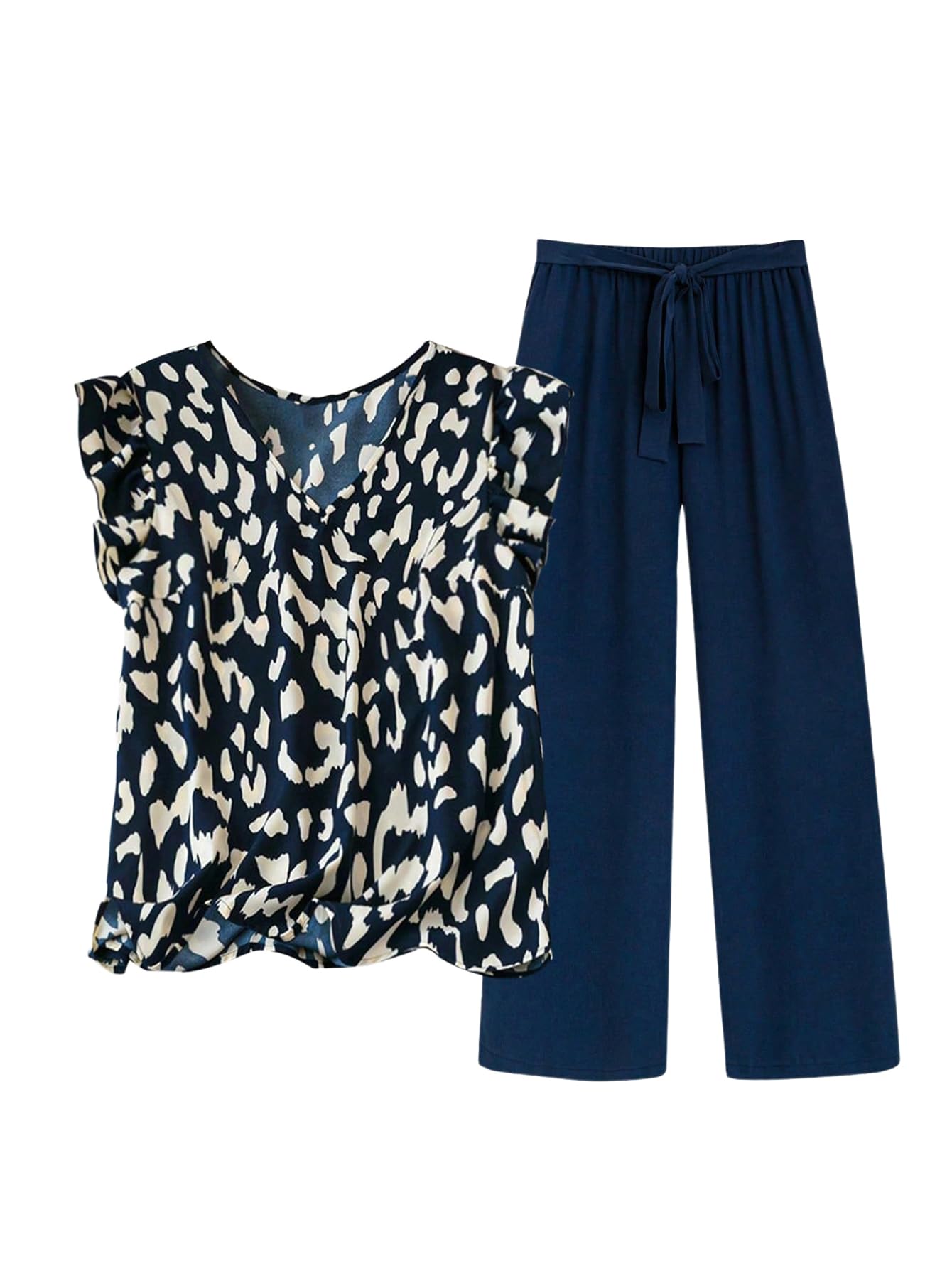 Photo 1 of ***NO TOP*** SOLY HUX Women's Plus Size Summer Two Piece Sets Ruffle Cap Sleeve Floral Blouse Belted Pants Outfits Dark Blue 3X-Large Plus