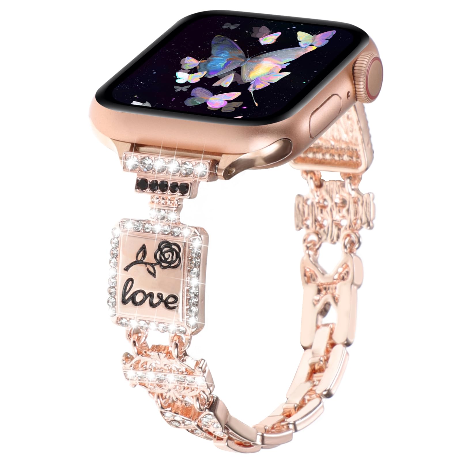Bling Bracelet Band Compatible with Apple Watch Bands for Women 46mm 40mm 41mm 38mm 44mm 45mm 42mm 49mm, Cute Cartoon Dressy Jewelry Charm Metal Strap for iWatch Ultra 2 Series 10/9/8/7/6/5/4/3/2/1/SE (38mm/40mm/41mm, Rose Gold Perfume Bottle)