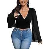 MakeMeChic Women's Plus Size Crop Top Bell Sleeve Tops V Neck Wrap Blouse Party T Shirts