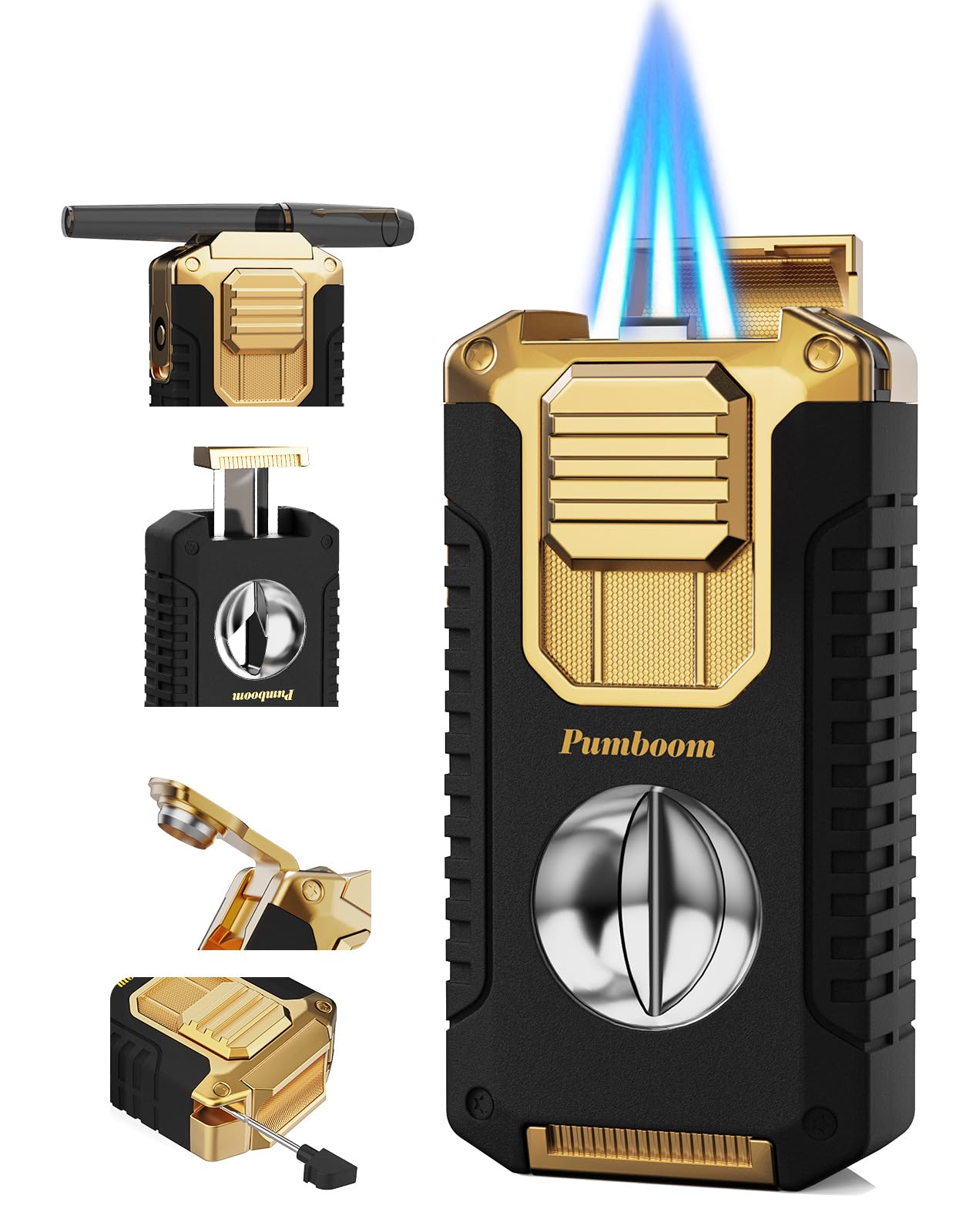 Photo 1 of 5-in-1 Torch Lighter with V Cutter, Punch, Holder, Draw Enhancer Tool, and Triple Windproof Jet Flames, Butane Lighter with Gift Box, Cool Accessories for Men (Butane not Included)