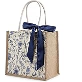 OHiZVZV Bridesmaid Gift Bags with Navy Satin Ribbon, Natural Burlap Present Packaging for Wedding Party Favors, Bridal Shower Decor Reusable Favor Pouches