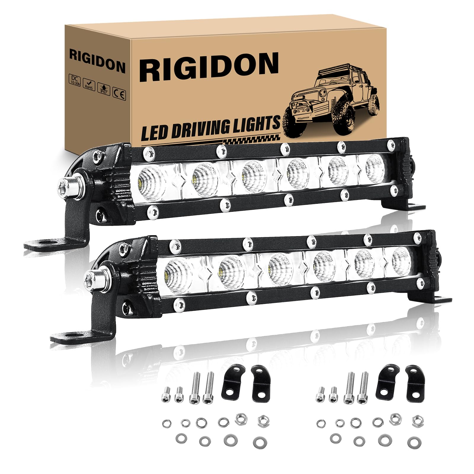 RIGIDON 2PCS 30W LED Light Bar 7Inch Slim Flood Light Bar Single Row Waterproof LED Work Light Driving Boat Road Lights for ATV UTV Truck