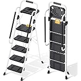 KINGRACK 5 Step Ladder, Folding Step Ladders for Home, 800lb Capacity,White | Safety Lock, Tool Tray, Non-Skid Wide Steps, Handrail, Folding Ladder for Home, Garden, Painting, Outdoor, and Garage