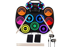 Electronic Drum Set with Headphones for Beginners: 9-Pad Portable Roll-Up Practice Drum Kit – Built-in Dual Stereo Speakers &