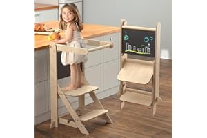 Zupemo Foldable Learning Toddler Helper Tower, Adjustable Height Toddler Helper Tower, Montessori Kitchen Step Stool for Kids with Safety Rail and Chalkboard for Kitchen and Bathroom, Natural Wood