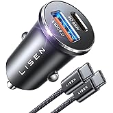LISEN for iPhone 17 Pro Max USB C Car Charger Fast Charging,Early Prime car Day Charger Deals, PD 65W & QC 30W Car Charger USB C, All Metal Cigarette Lighter Adapter for iPhone 17 16 15 14 13