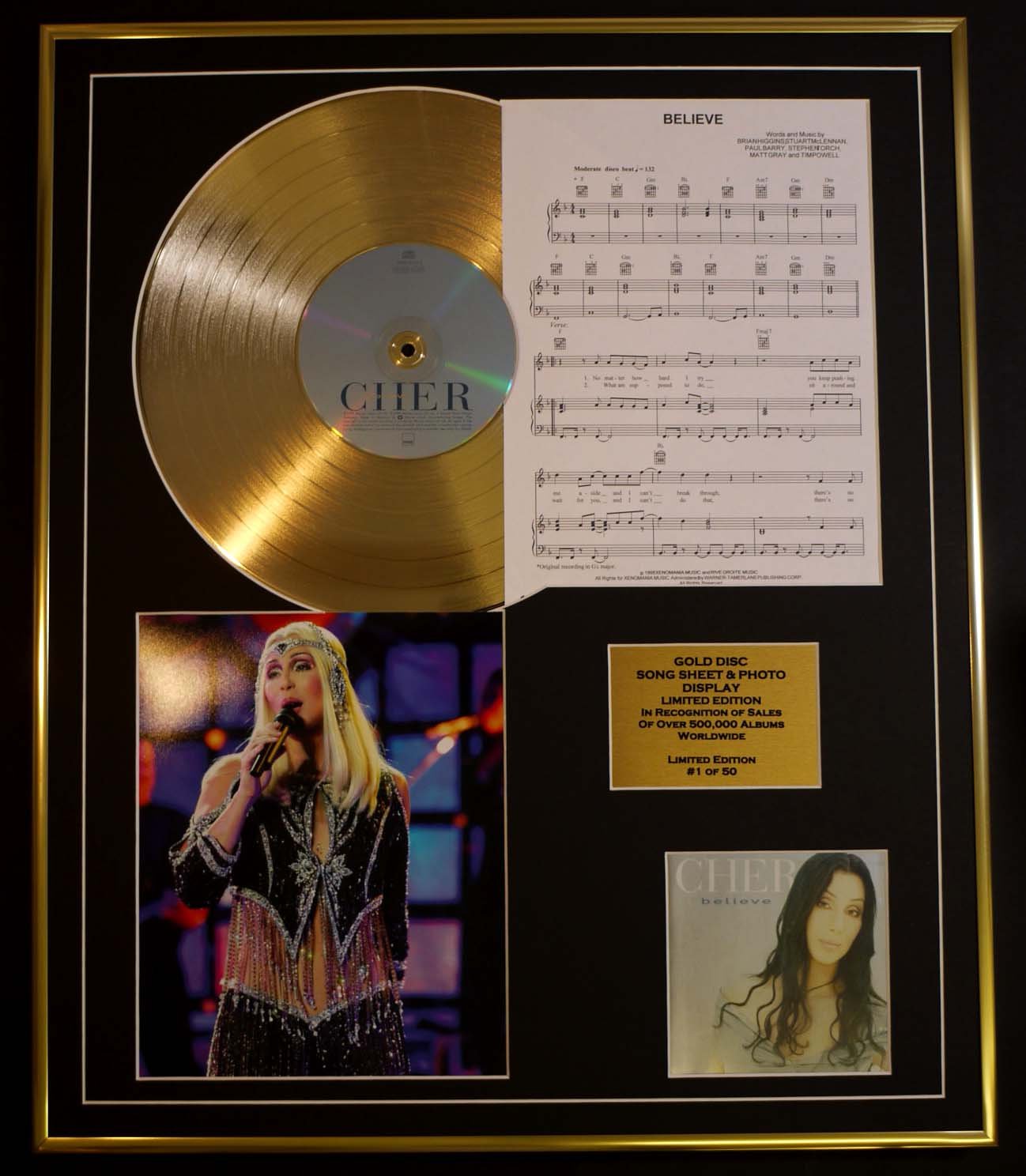 CHER/CD GOLD DISC, SONG SHEET & PHOTO DISPLAY/LTD. EDITION/COA/ALBUM, BELIEVE/SONG SHEET, BELIEVE