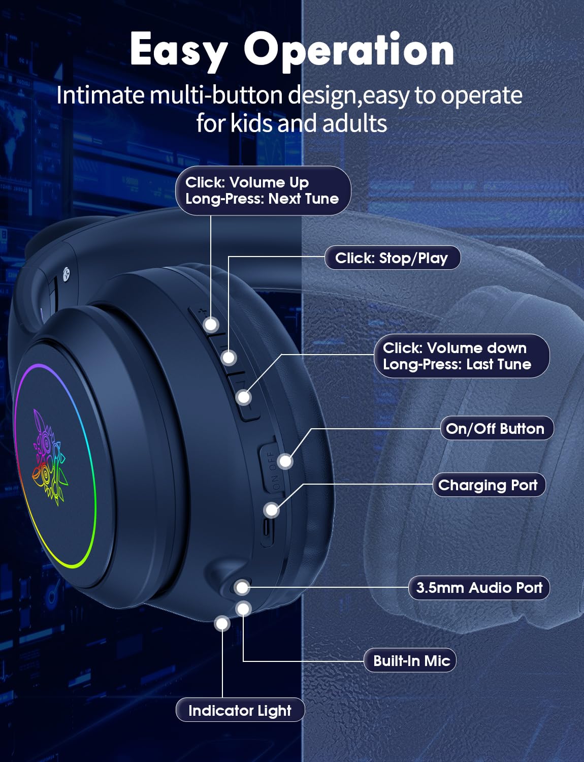 Cat Ear Bluetooth Headphones for Kids & Adults, 55H Play Time, Wireless Foldable & Wired Multi-Function LED Light Up Over Ear Headphones with Mic and Volume Control for iPhone/iPad/Laptop/PC