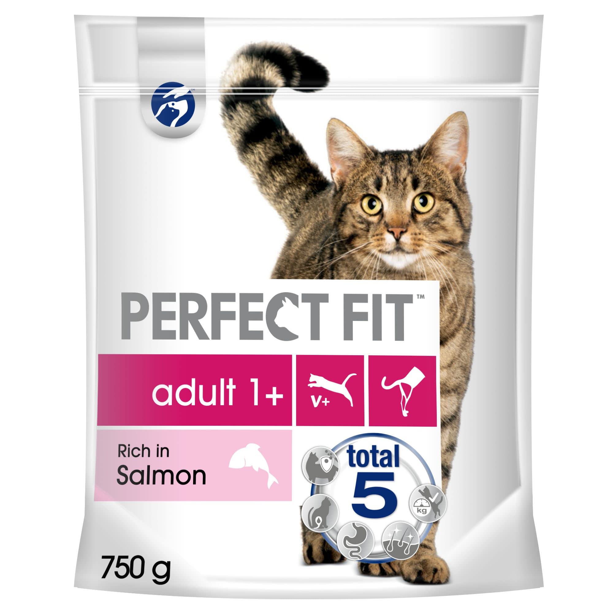 Perfect Fit Adult 1+ - Complete Dry Food for Adult Cats from 1 Year Old, Salmon, 3 Packs of 750 g