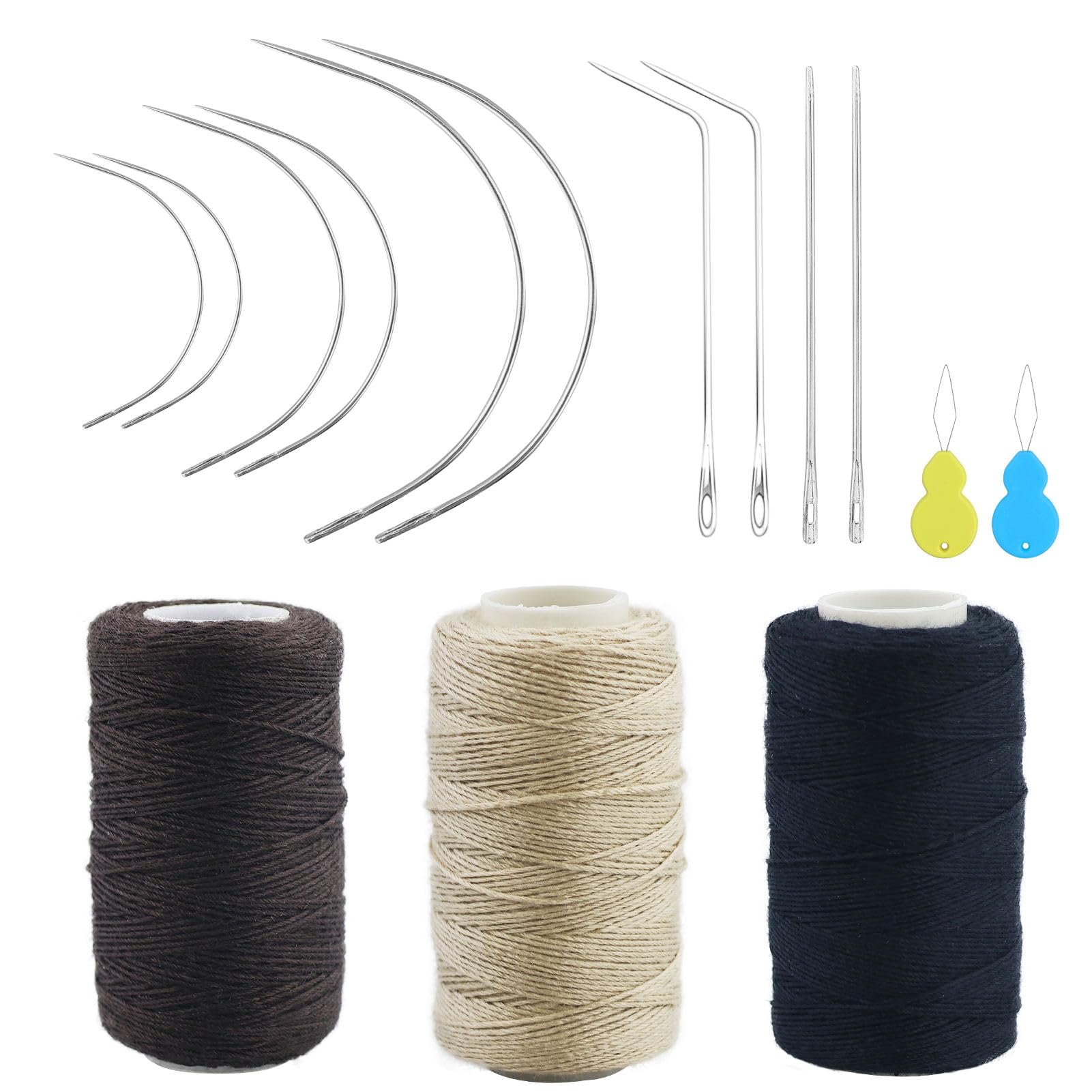 Needle and Thread Set Professional Hair Extension Tools Hair Weave Needle 12 pcs with 3 pcs Black Brown Beige Threads for Making Wig Sewing Hair Weft Hair Weave Braid Extension (Mixed Color)