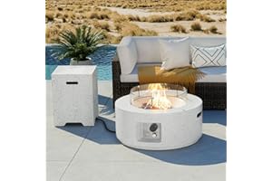 COSIEST 2-Piece Outdoor Propane Fire Pit Table Set w Tank Table, 28" Terrazzo Round Fire Table (Certified, 40,000 BTU) w 16" Tank Cover Side Table 20lb, Wind Guard, Rain Cover for Garden, Pool