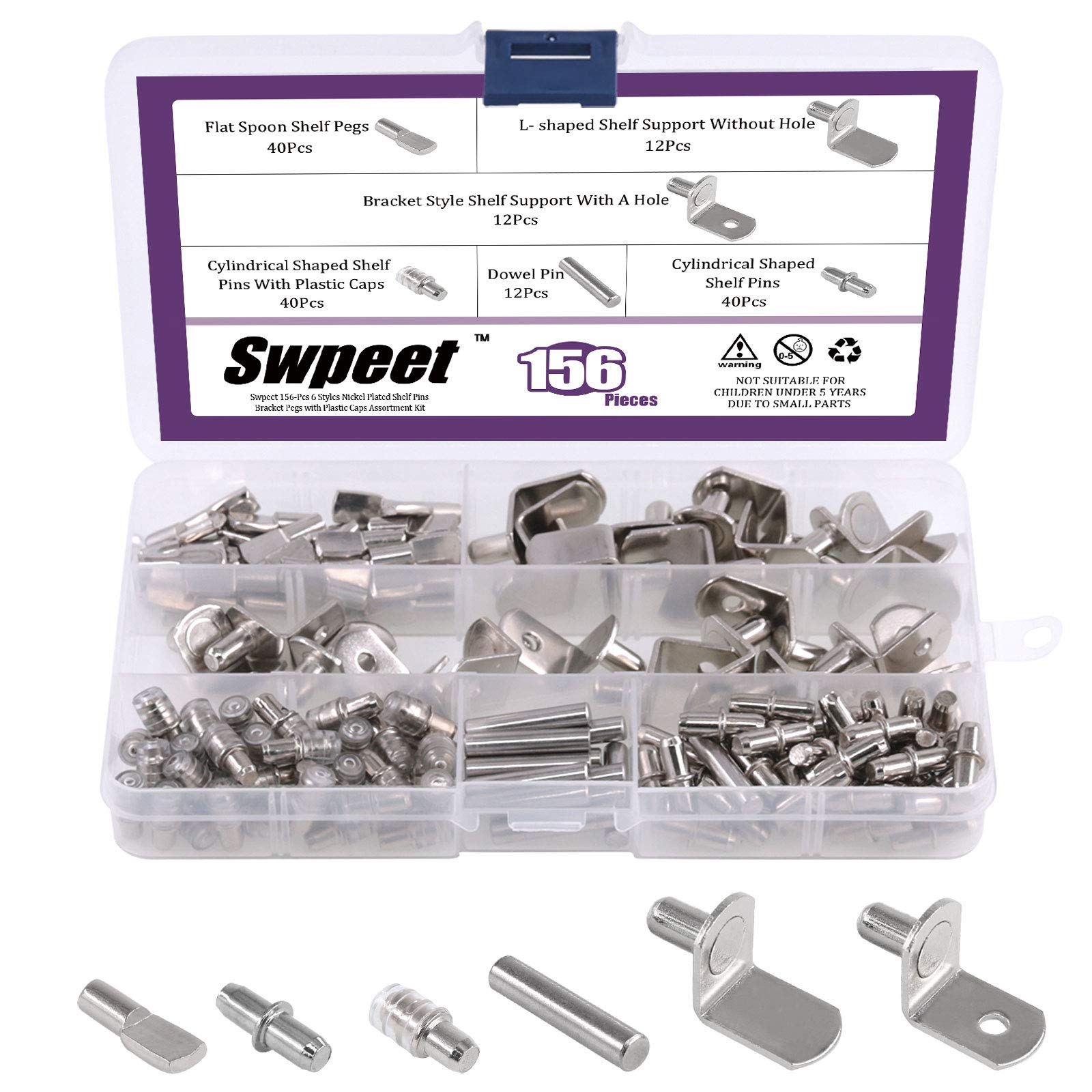 Sweet 156Pcs 6 Styles shelf Pins Kit Nickel Plated Bracket Pegs for Cabinets, Entertainment Centers