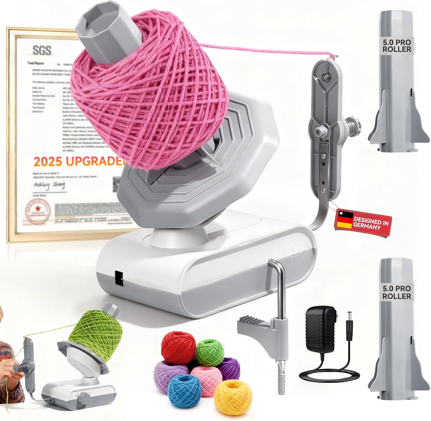 5.0 Upgraded Electric Yarn Winder【Top1 RPM German Motor】【SGS-Grade Precision Gears】 Wool Yarn Ball Winder Compact Automatic for Crocheting Super Strong Tension, Ideal for Home and Studio (Gray White)
