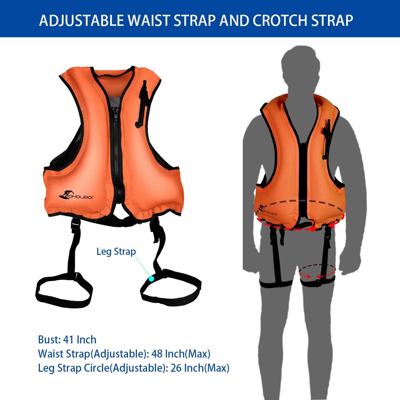 OMOUBOI Floatage Jackets Adult Lightweight Inflatable Snorkel Vest with Adjustable Leg Straps for Men Women Suitable for 90-220lbs for Outdoor Water Sports (Orange): Sports & Outdoors