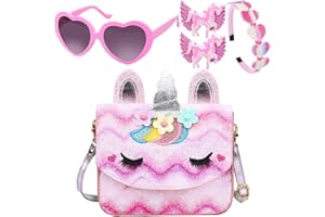 Luchike Unicorn Purse for Little Girls,Toddlers Crossbody Bags Kids with Accessories Cute Flap Bag Kids,Sunglass for Girls