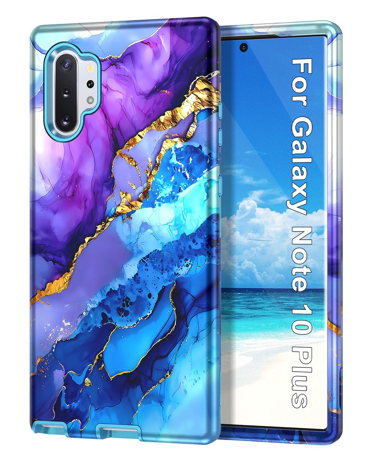 Btscase for Samsung Galaxy Note 10 Plus Case,Marble Pattern 3 in 1 Heavy Duty Shockproof Full Body Rugged Hard PC+Soft Silicone Drop Protective Women Girl Cover for Galaxy Note 10 Plus, Blue Purple