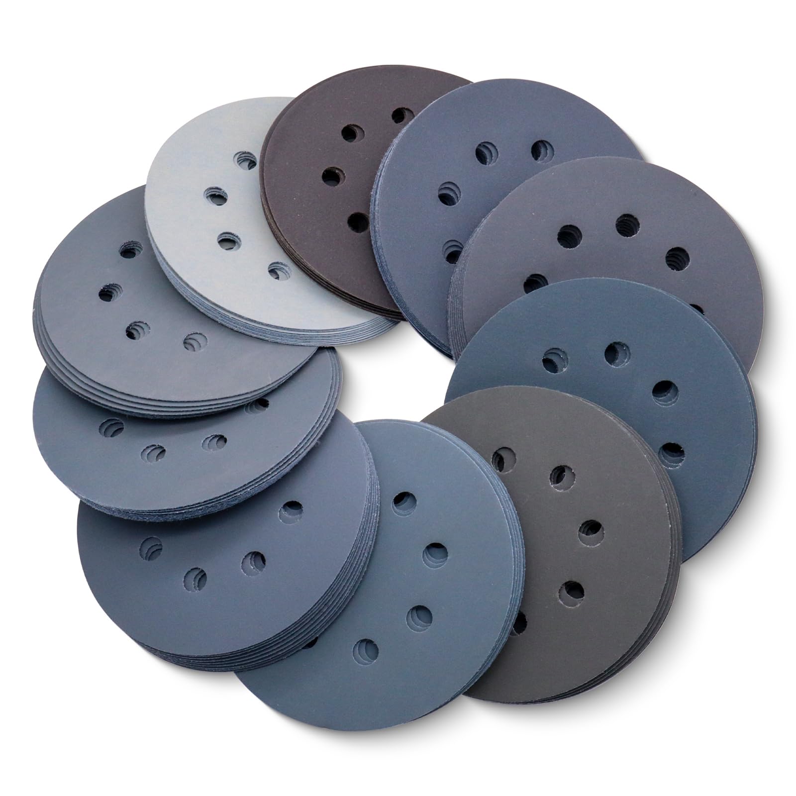 Photo 1 of 100 Pcs 5 Inch Wet Dry Sanding Discs Hook and Loop, 8 Holes 400 600 800 1000 1200 1500 2000 2500 3000 5000 Grit Silicon Carbide Orbital Sander Sandpaper Assortment