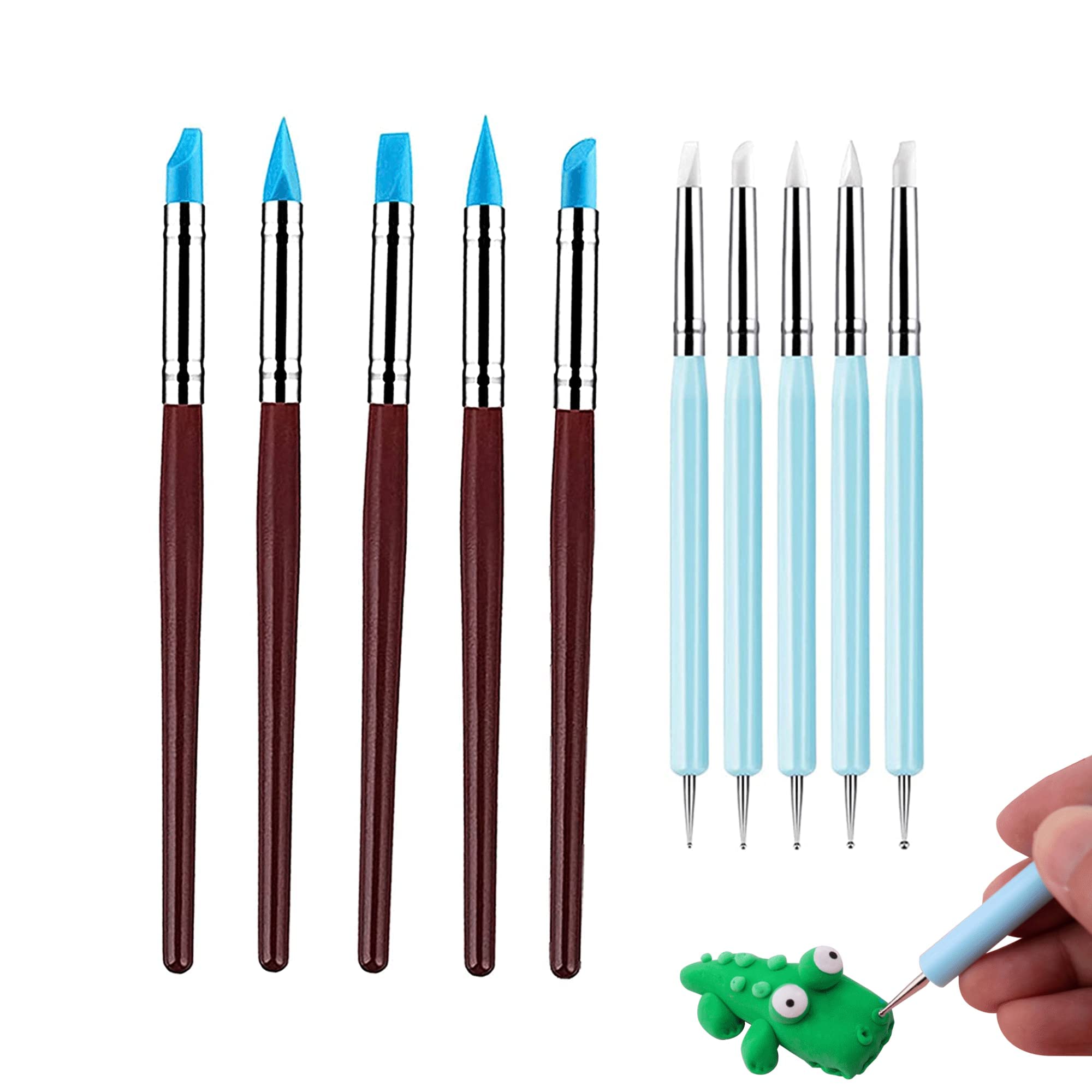 10Pcs Silicone Polymer Clay Sculpting Tools Set Pen Rubber Tip Carving Pen Brush Dotting Tool Clay Modelling Tools Polymer Clay Tools for Pottery Sculpture Cake Fondant Decoration, Blue