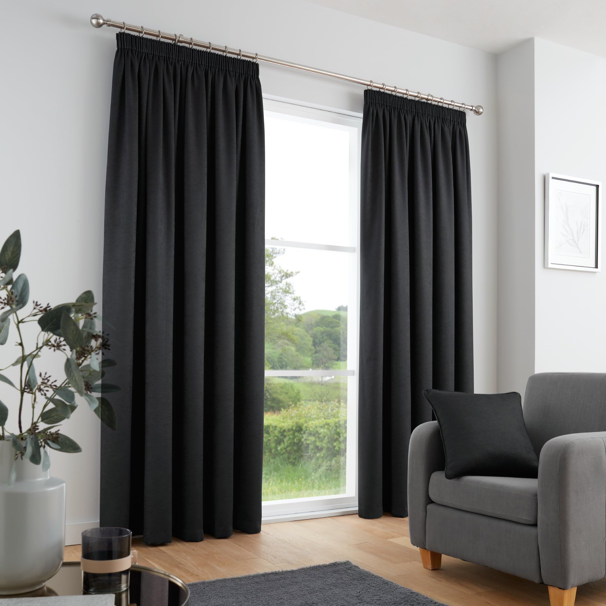 Fusion Pencil Pleat Curtains – Black – W46 x L54 (117 x 137cm) – 100% Cotton – Thick Weave – Thermal & Soundproof Drapes – 2 Panels – Pleated Black Curtains for Bedroom/Living Room – Classic Style — image 1