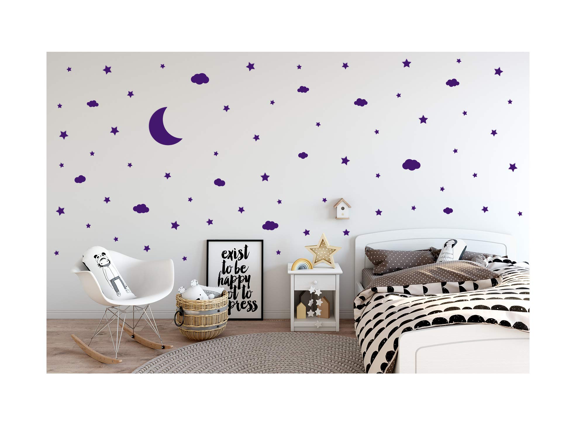 StickerDeen | Moon Stars and Clouds Wall Stickers - Decoration Removable Nursery, Baby Bedroom Art Vinyl Decal Gift | (Pack of 71) (Purple)
