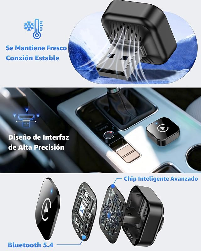 Adaptador CarPlay Inalámbrico y Android Auto, Mini Convertidor USB-A/USB-C Plug & Play, de Cable a Inalámbrico, WiFi 2.4GHz/5GHz, Conexión Automática, para Coches con CarPlay, Negro