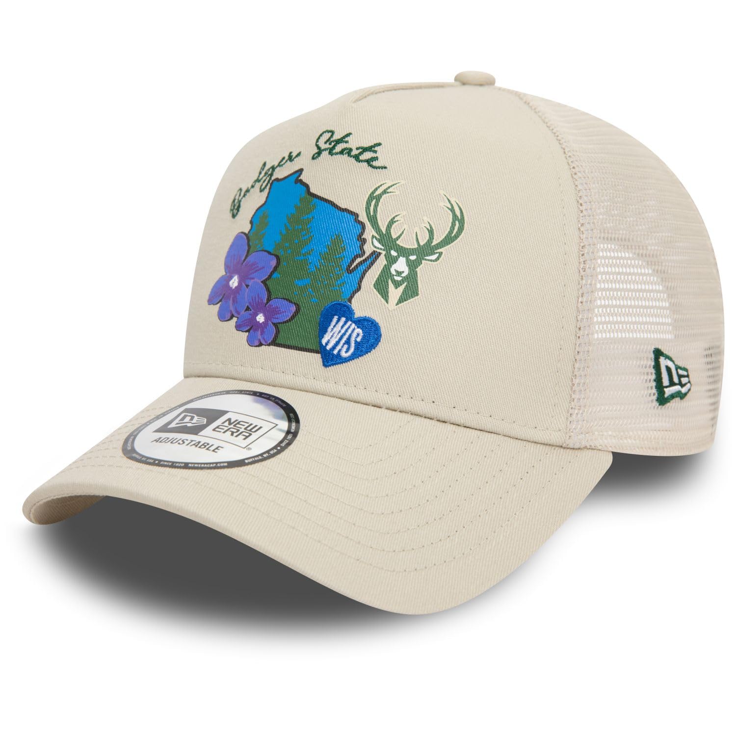 New Era Adjustable Mesh Trucker Cap - State Milwaukee Bucks - One Size Beige