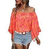Verdusa Women's Off Shoulder Ruffled 3/4 Sleeve Floral Print Blouse Top Shirts