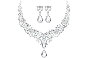Hicarer Bridal Teardrop Cluster Crystal Jewelry Set for Women Necklace Earrings Wedding