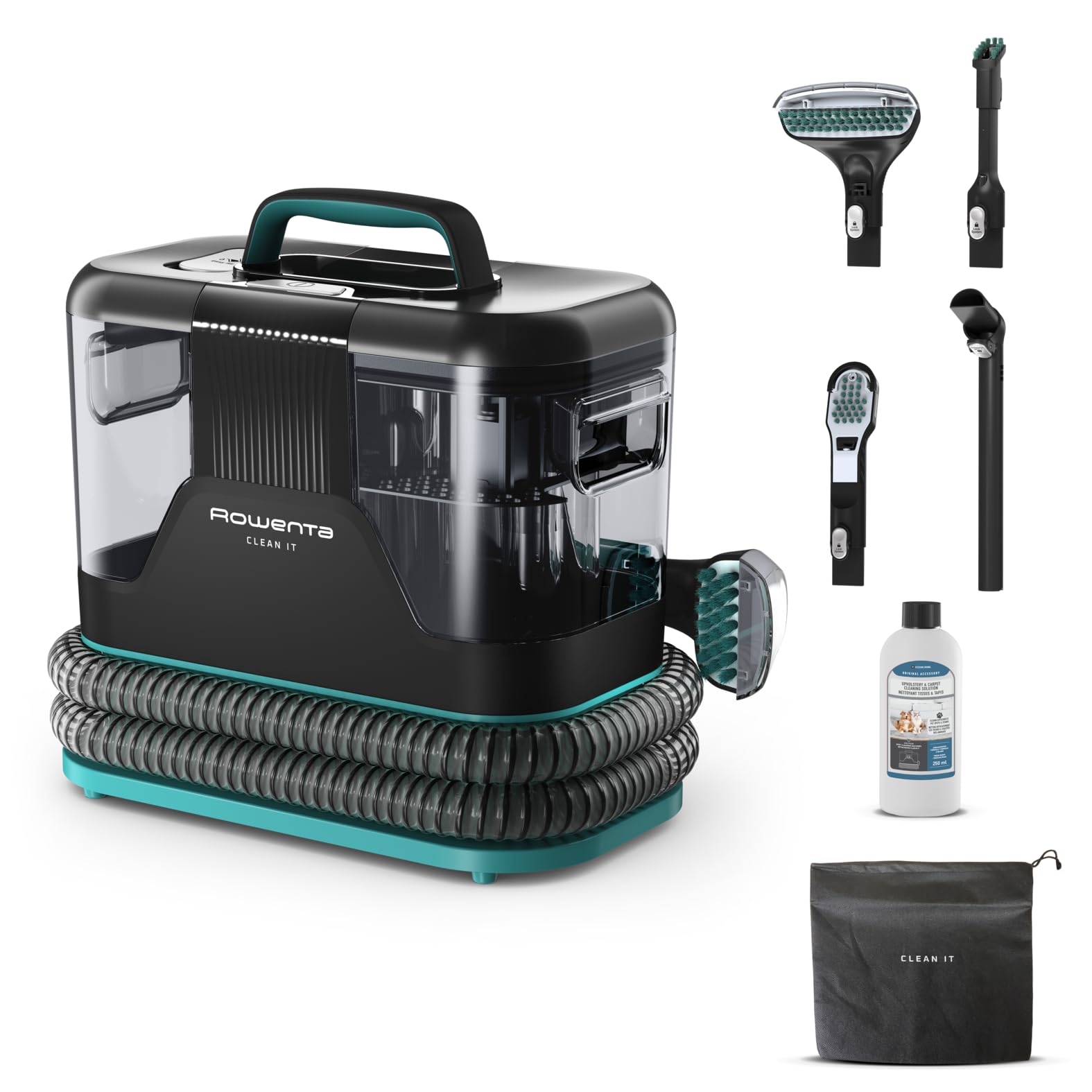 Rowenta Clean It Fleckenreiniger, tragbarer Teppichreiniger, schnelle und einfache Reinigung, abnehmbarer 2.3-Liter-Tank, wechselbare Reinigungsköpfe, 750 Watt, Grün, Schwarz, IN5020F0