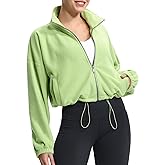 THE GYM PEOPLE Women's Fleece Cropped Jacket Full Zip Stand Collar Workout Short Sherpa Coats with Pockets Drawstring Hem
