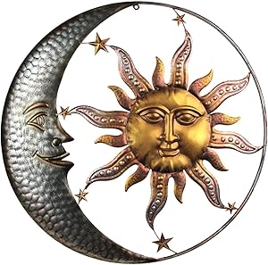 Direct International 28 Inch Diameter Three Tone Metal Art Celestial Sun and Moon Indoor Outdoor Wall Hanging