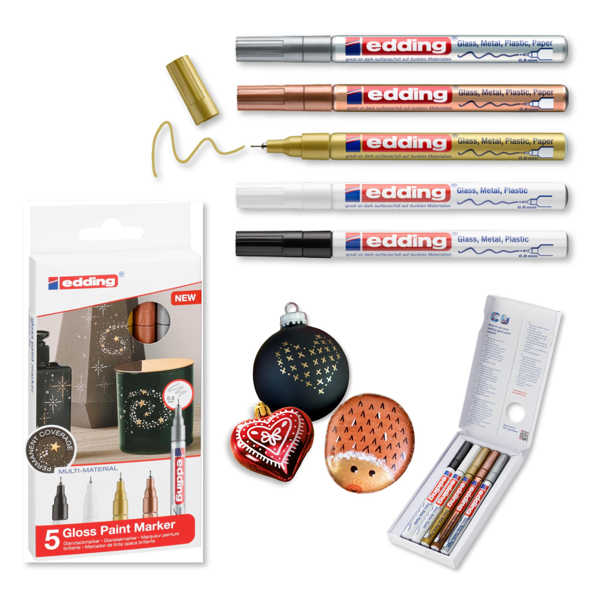 edding 780 gloss paint marker - black white gold silver copper - set of 5 paint markers - extra-fine round nib 0.8 mm - paint pen for glass, pebbles, wood, plastic, paper - waterproof, high coverage