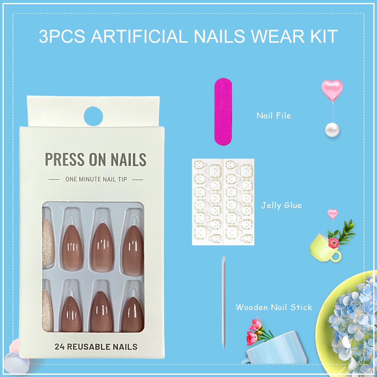 Tyuimhx 24Pcs Medium Almond Press on Nails Nude Fake Nail With Leaf Designs Glitter False Nails Glossy Full Cover Stick on Nails Acrylic Reusable Artificial Glue on Nail for Women - Image 5
