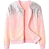 Lovekider Girls Sequin Jacket Glitter Long Sleeves Gradient Ombre Bomber Coat with Ribbed Cuffs for 4-12 Years Kids