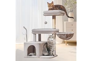 Taoqimiao Cat Tree, 32.2-Inch Cat Tower for Indoors Cats, Cat Condo with Large Cat Perch, Spacious Cat Cave, Scratching Posts for Small and Medium Cats, Light Gray MS043W