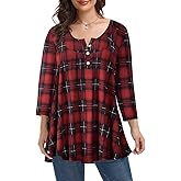 MONNURO Womens Plus Size Henley Shirts Button Up V Neck Pleated Tunic Tops Casual Blouse 3/4 Sleeve
