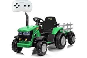 HIPICUTE Kids Ride On Tractor, 12V Battery Powered Tractor Car Toy with Detachable Trailer and Remote Control, Safety Belt, Dual 35W Electric Vehicles for Boys Girls, Green