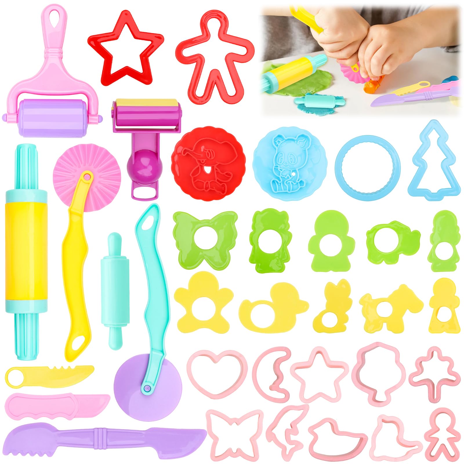 DOITEM Clay and Dough Tools with Models and Molds, Play Dough Accessories Plastic Dough Molds Cutters Animals Shapes, Assorted Color, 29 PCS