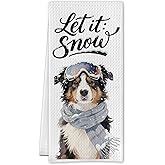 SereneHanctuary Winter Christmas Australian Shepherd Snow Kitchen Towels,Aussie Gifts for Women,Winter Dog Dish Tea Towels,Australian Shepherd Decorative Hand Towel for Kitchen Bathroom,16x24 Inch