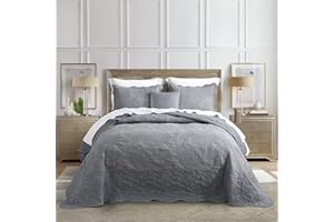 HZ & HY Oversized King Bedspread 128x120 Extra Wide, Quilted Coverlet Bedding Set, Lightweight Thin Comforter, Reversible, Luxurious, 5 Piece, 100% Microfiber, King/Cal King, Grey