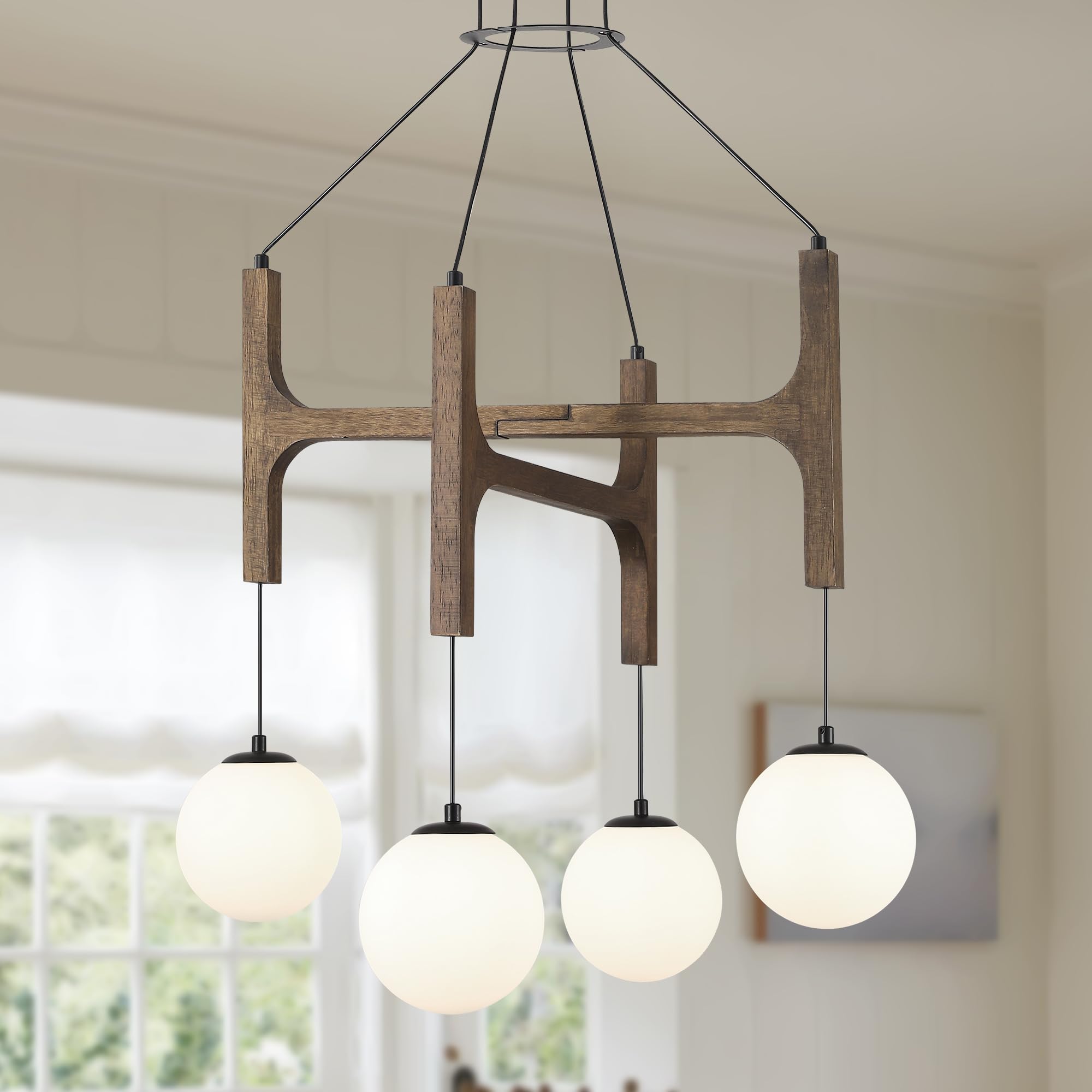 Photo 1 of Kvaeavn Farmhouse Wood Chandeliers,4-Light Dining Room Light Fixture Rustic L24” Vintage Hanging Pendant Light,Mid Century Chandelier with Milk Glass Globe Shades for Kitchen Island Foyer Entryway