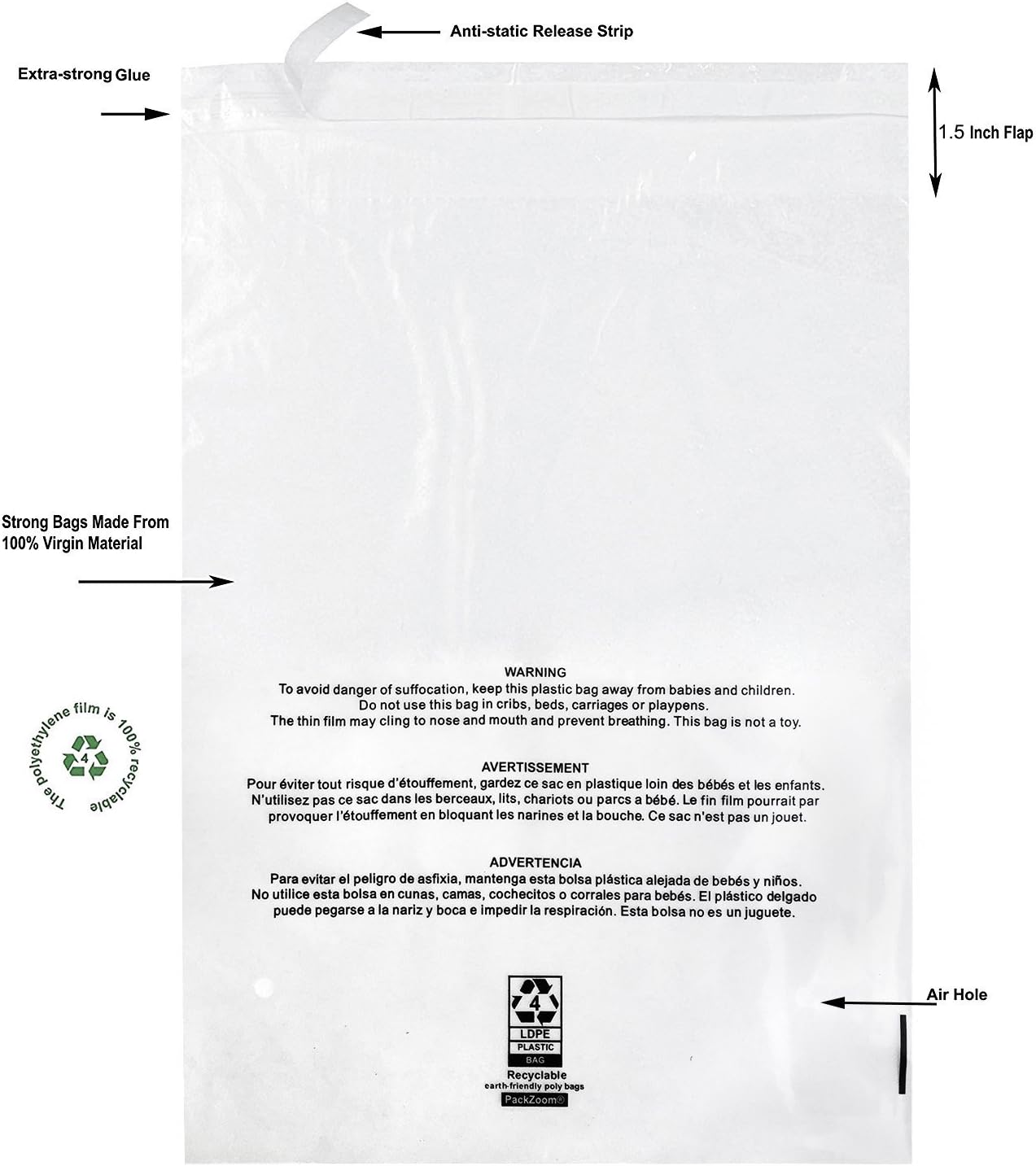 100 6x9 Self Seal Clear Poly Bags with Suffocation Warning, Strong Glue & Anti-Static Release Liner, Vent Holes, 1.5 Mil