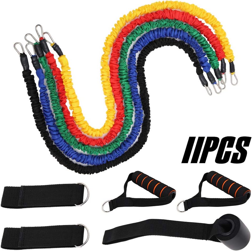 Jetcloud 11pcs Exercise Resistance Bands and Workout Fitness Set,Resistance Bands with 5 Elastic Ropes,Hand Grips,Door Anchor,Ankle Straps,for Men Women CrossFit Home Yoga Gym