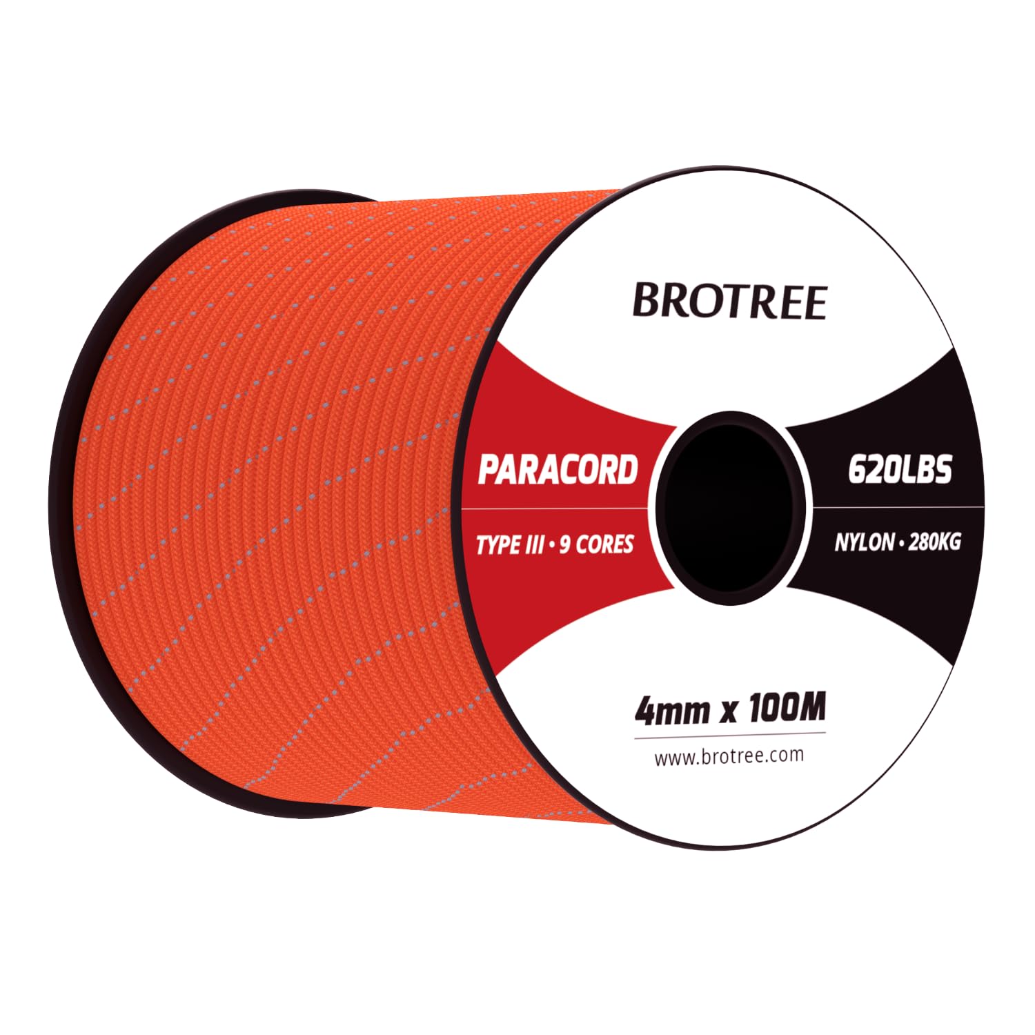 Brotree Paracord 4mm 100M 9 Strands 100% Nylon Rope Type 3 Parachute Cord for Outdoor, Bracelet, DIY - 280kg Breaking Load (Reflective Orange)