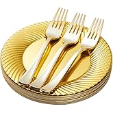 N9R 60pcs Gold Plastic Dessert Plates with Forks, Include 30pcs Disposable Dessert Plates 7 inch, 30pcs Gold Plastic Forks 7.4 inch for Parties Weddings Birthday
