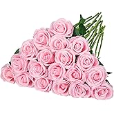 Ouddy Decor 20 Pcs Pink Roses Artificial Velvet Silk Flowers Fake Roses Bouquet with Long Stems for Valentines Gifts Wedding Centerpiece Bridal Anniversary DIY Floral Arrangment Home Decor, Pink