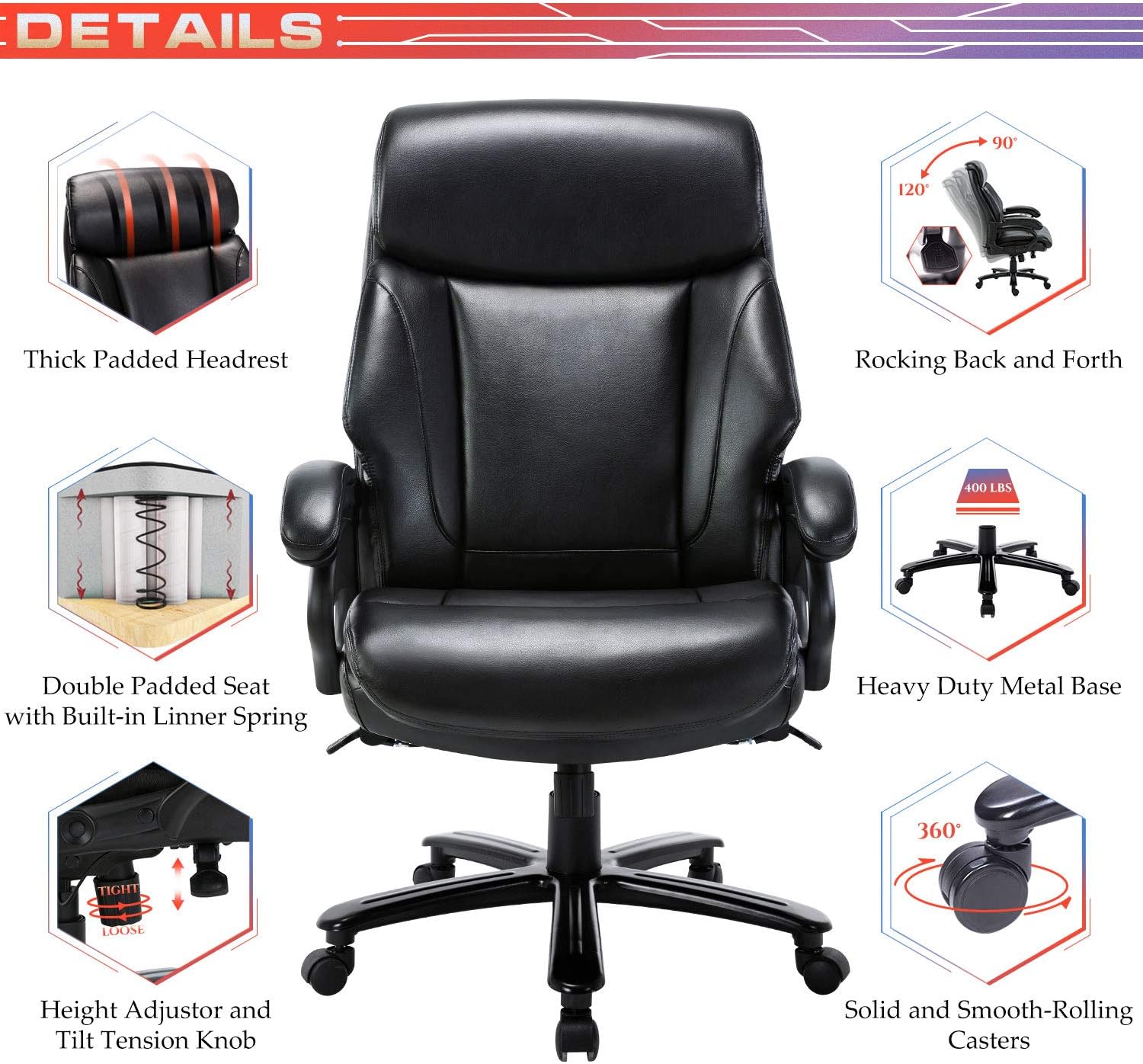 STARSPACE High Back Big & Tall 400lb Bonded Leather Office Chair Large Executive Desk Computer Swivel Chair - Heavy Duty Metal Base, Adjustable Tilt Angle, Ergonomic Design for Lumbar Support: Office Products